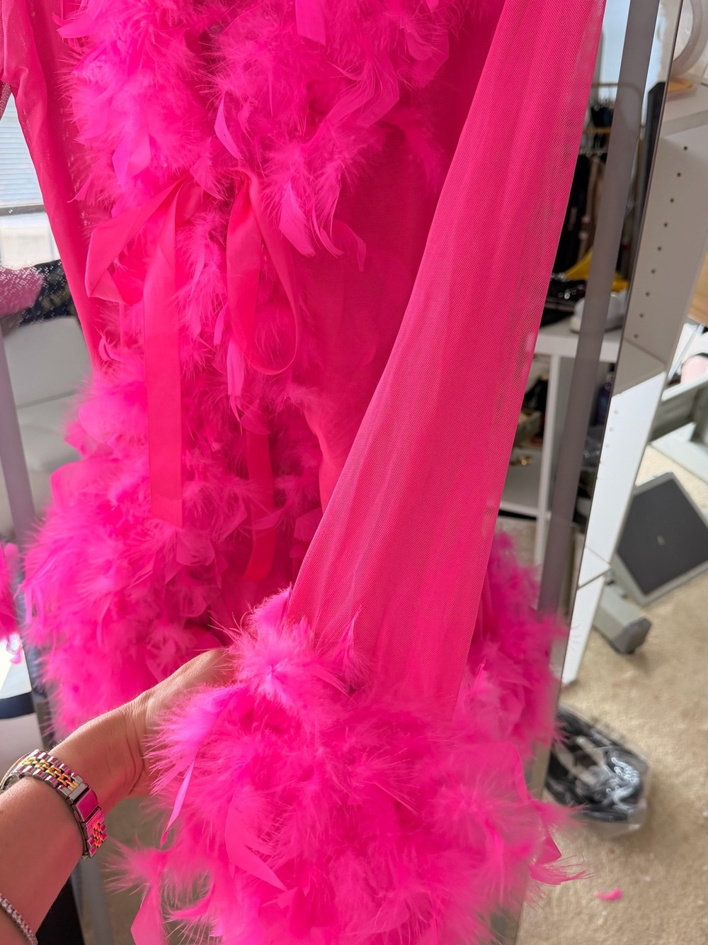 Hot Pink Feather Trim Sheer Robe with Satin Tie - Picture 5 of 12
